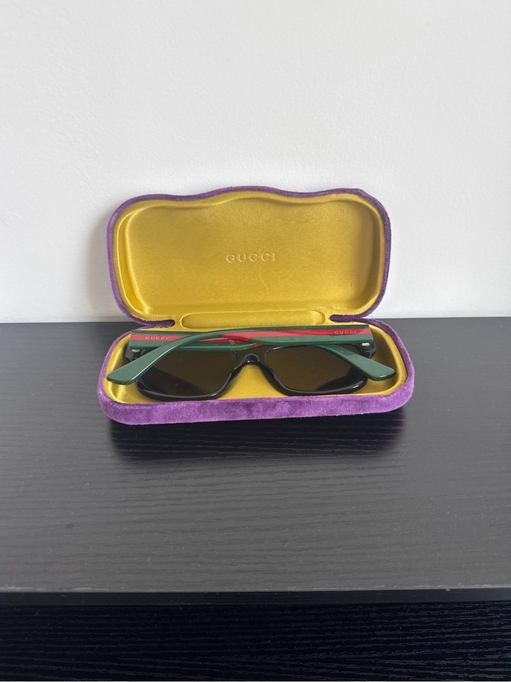 Gucci Green Frame Sunglasses with Black Lenses and Purple Case